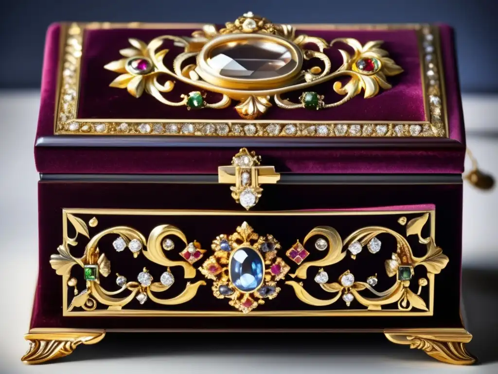 Joyero antiguo de mahogany con joyas renacentistas y barrocas Joyero antiguo de madera de caoba con detalles dorados y joyas renacentistas y barrocas