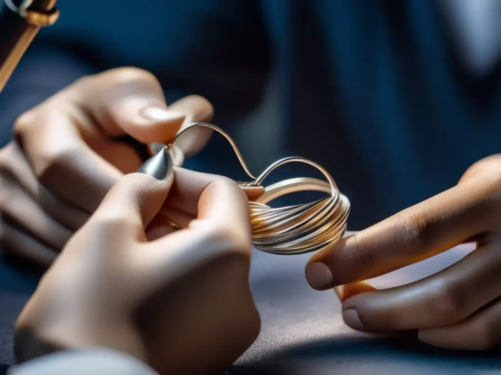 Técnicas innovadoras joyería contemporánea: Maestro joyero crea joya con precisión y creatividad