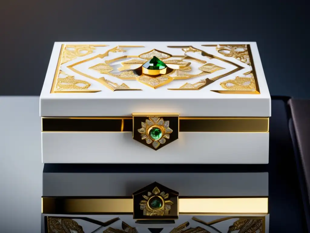 Joyería y poder en la Edad Moderna - Caja de joyas blanca con detalles dorados y gemas brillantes, símbolo de opulencia y tradición