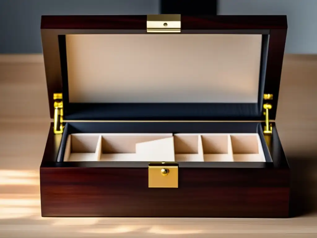 Historia joyería madera: Caja joyero madera oscura, pulida y elegante con detalles minimalistas, granos naturales crean efecto textura