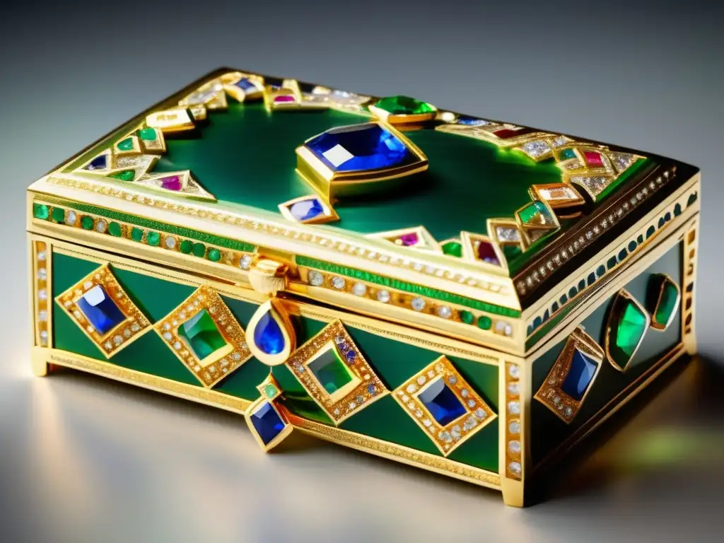 Joyería Medio Oriente: Caja de oro ornada con gemas, diamantes, esmeraldas y zafiros brillantes