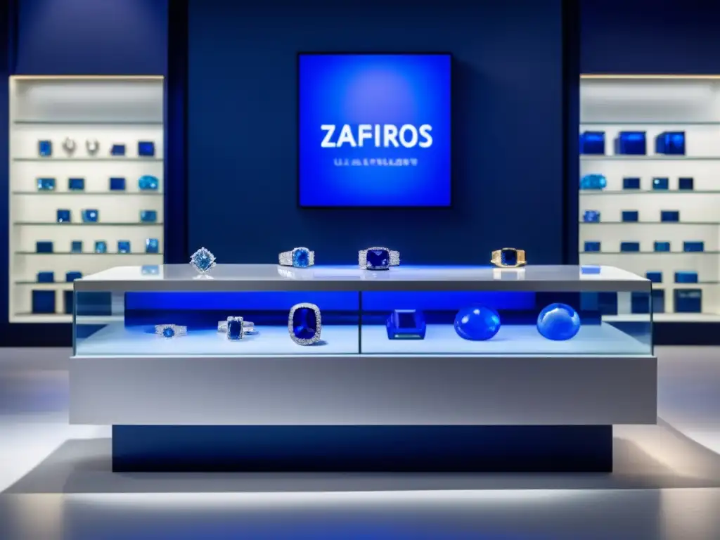 Historia de los zafiros en la joyería: exhibición elegante de sáfiro azul en mostrador blanco con patrón geométrico y brillo cautivador