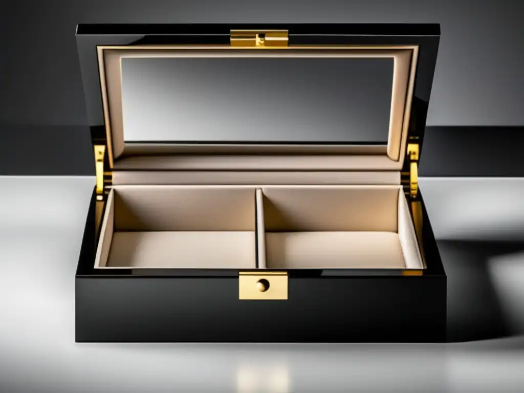 Joyería en literatura: caja minimalista de madera lacada negra con joyas exquisitas y elegante cierre dorado