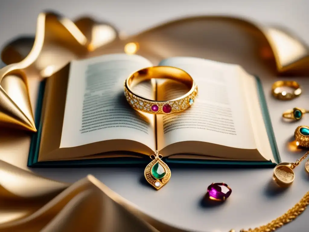 Joyas literatura adornos famosos libros: un libro abierto con joyas doradas derramándose, destacando la elegancia y sofisticación de las joyas