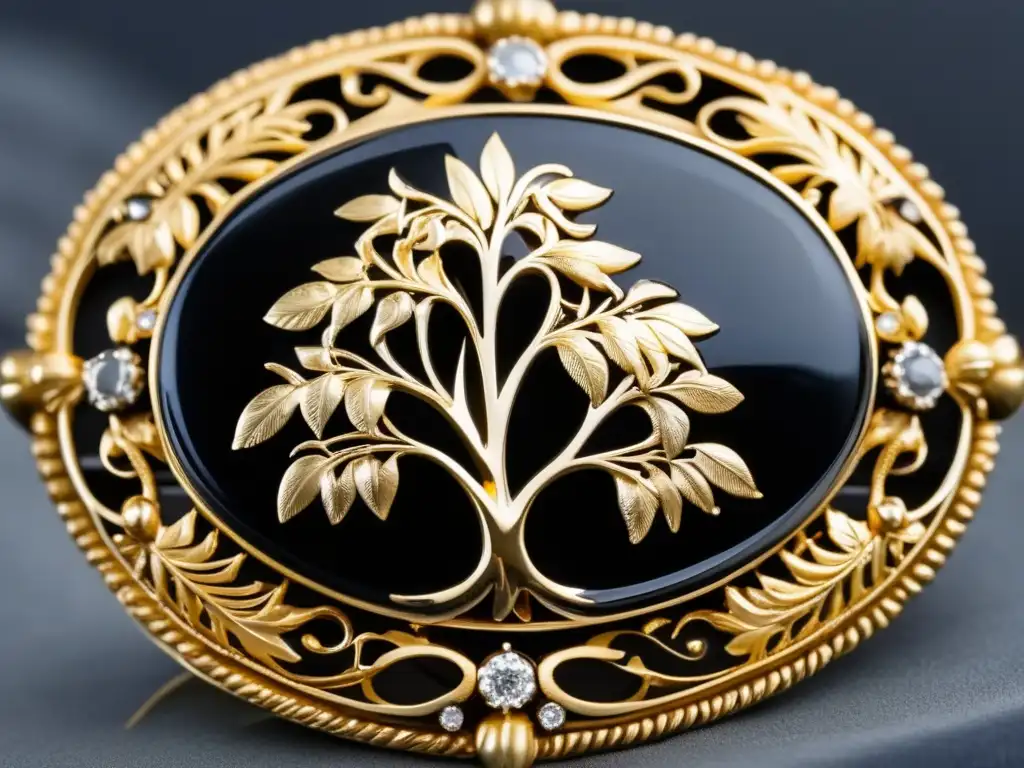 Joyas de Duelo en la Sociedad Victoriana: Broche luto victoriano, onix negro, filigrana dorada, diamante central, árbol de sauce llorón y lágrimas