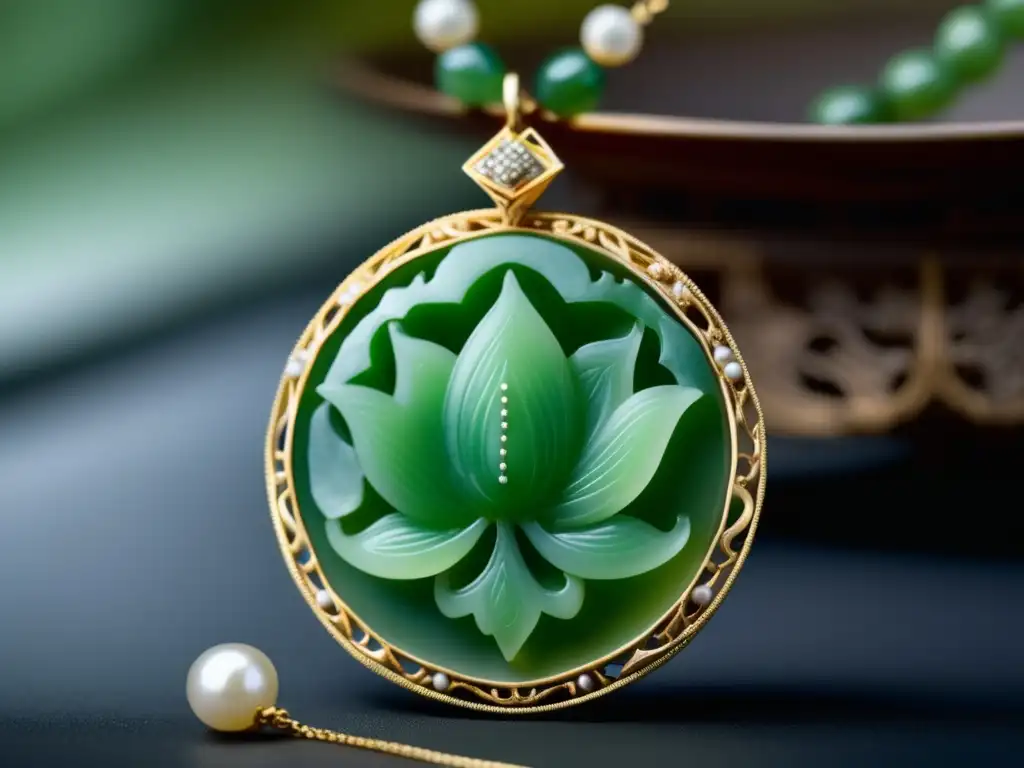 Joyería Ming: Colgante de jade en forma de flor de loto, con cadena dorada y perlas, muestra la sofisticación y simbolismo de la joyería china