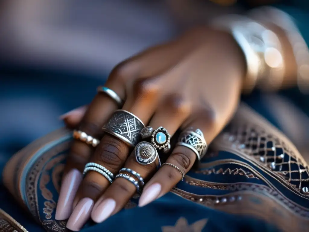 Evolución joyería cultura beduina: Mano de mujer beduina con anillos de plata y henna intrincada