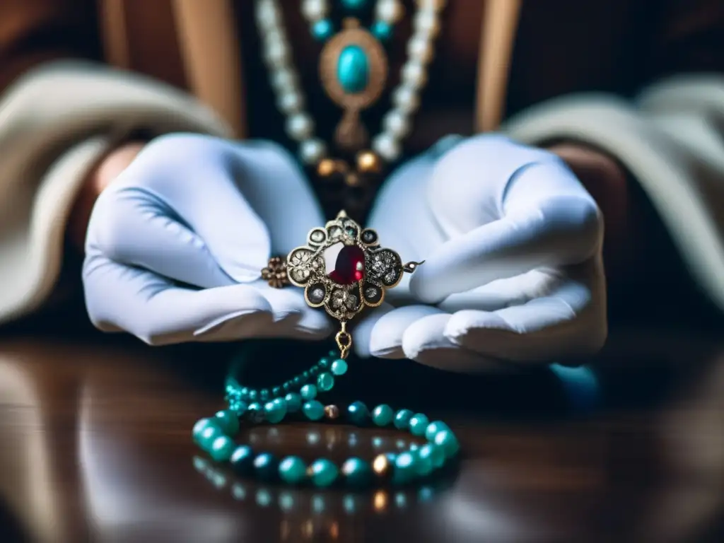 Manos cuidadosas sosteniendo collar antiguo Restauración y conservación de joyas antiguas - Manos cuidadosas sostienen collar vintage con gemas y patina sutil