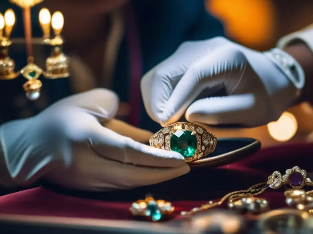 Joyero experto restaurando joyería antigua Restauración y conservación de joyas antiguas - Joyero experto trabaja en una pieza vintage con delicadeza y guantes blancos