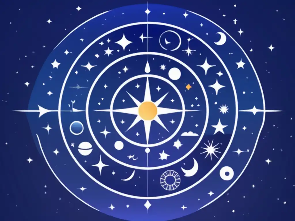 Joyas zodiaco: mapa celestial moderno con simbolos elegantes en fondo azul, evoca esoterismo y historia