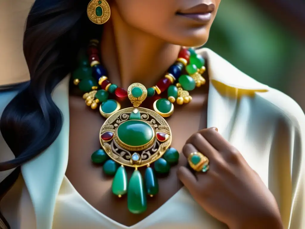 Joya maya: Historia y evolución de las joyas mayas - Detallada imagen 8K de un collar maya con jade, gemas y metales preciosos