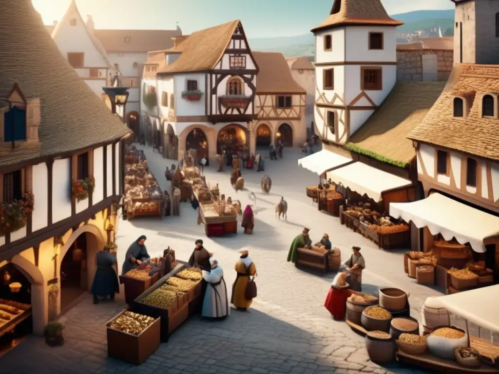 Escena medieval de comercio de joyas en plaza con mercado, artesanos y mercaderes en trajes medievales