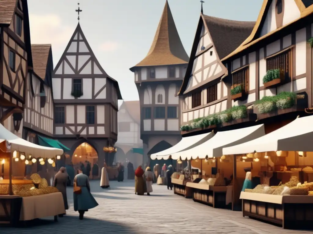 Comercialización joyas Edad Media Renacimiento - Escena animada de un mercado medieval con joyas y artesanía