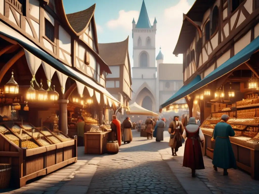 Comercialización joyas Edad Media Renacimiento: Mercado medieval y renacentista con joyas exquisitas, arquitectura impresionante y mucha actividad