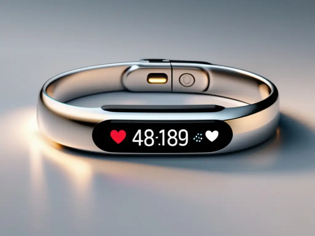 Pulsera inteligente de diseño minimalista Joyería wearable: evolución histórica y tecnológica - Pulsera inteligente de diseño minimalista en plata pulida, con pantalla táctil y conectividad inalámbrica