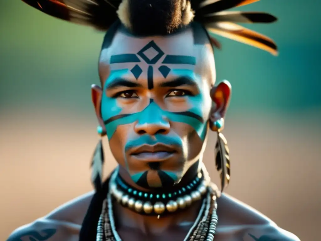 Historia adornos corporales Mohicanos: rostro tribal tatuado, piercings plata y turquesa, símbolos culturales ricos en historia