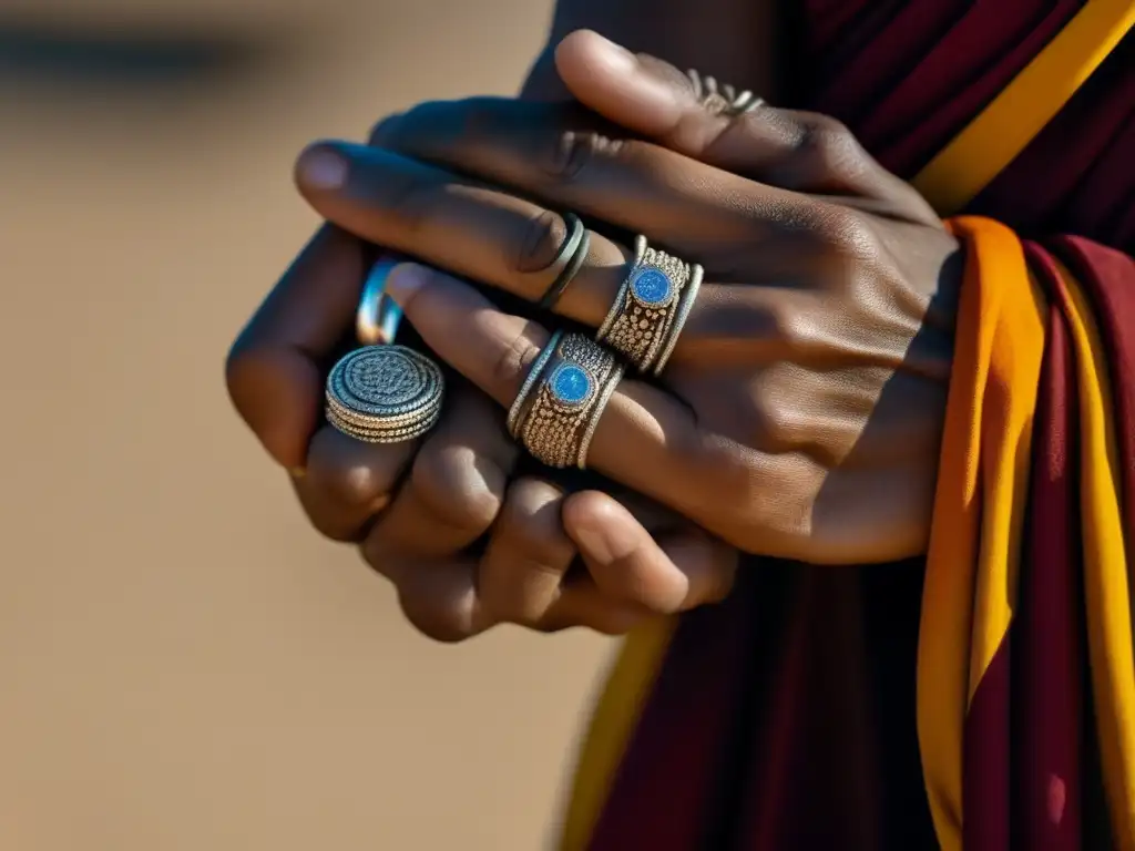 Historia joyería Tibet: Adornos corporales budistas - Mano de monje budista tibetano con anillos de plata y pulseras de cuentas