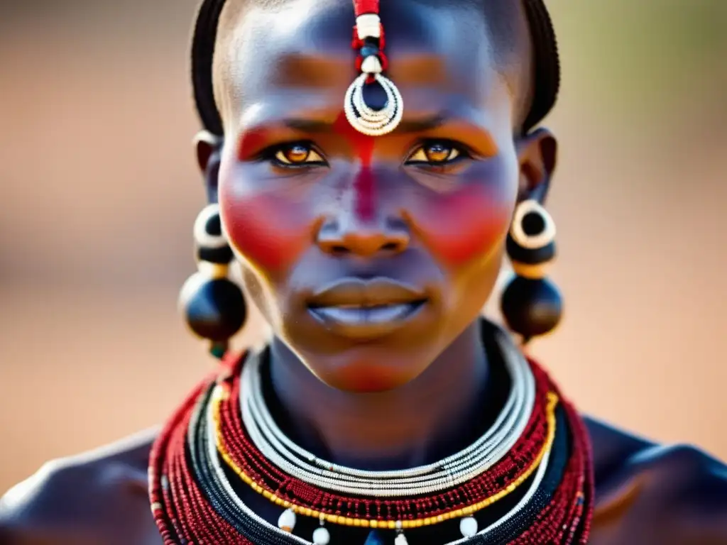 Joyería tradicional de los Masai en rojo vibrante y mujer adornada con detalle meticuloso