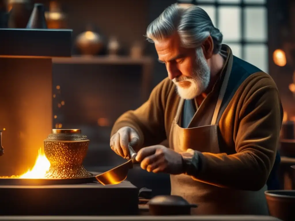 Orfebre fundiendo oro en taller Joyería antigua metales preciosos: Imagen 8k detallada de un orfebre trabajando en su taller iluminado, fundiendo oro en molde delicado