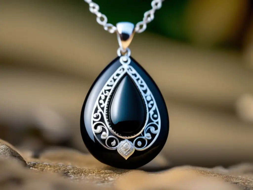 Colgante de obsidiana en forma de lágrima, con cadena de plata, grabados primitivos simbolizando la evolución de la joyería prehistórica