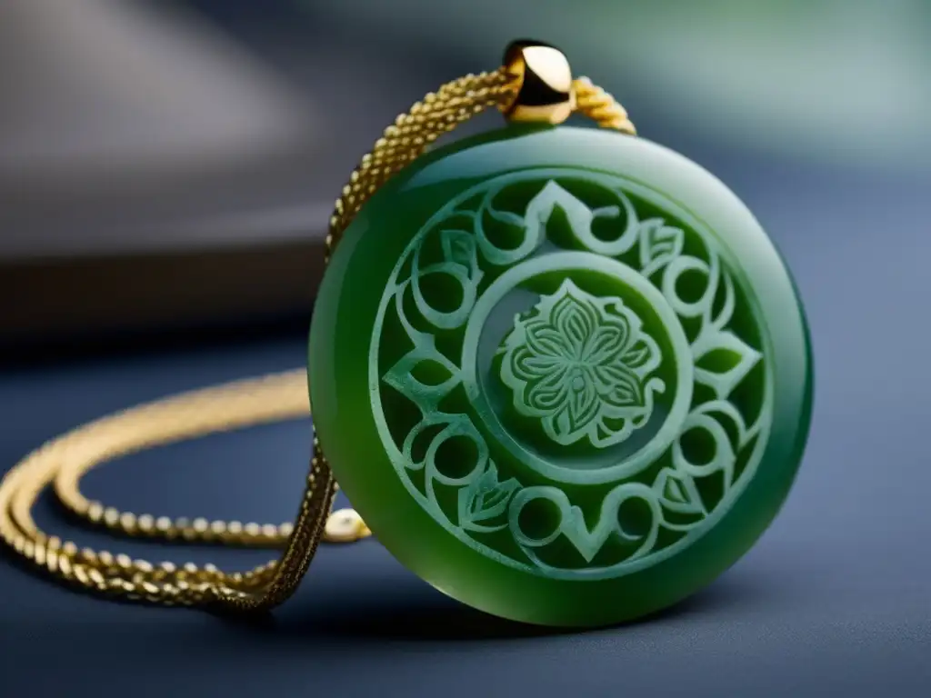 Historia joyería China: colgante jade tallado con detalles naturaleza, flores, criaturas míticas; cadena oro elegante