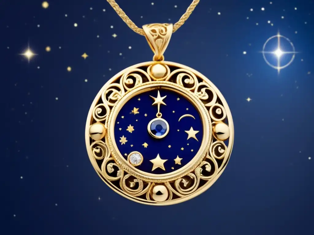 Joyería antigua con influencia astrológica: delicado colgante de oro con símbolos celestiales y grabados, destacando la artesanía y elegancia mística