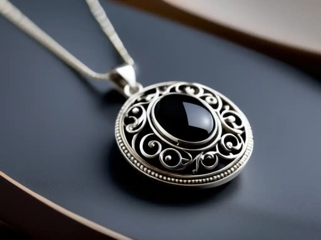 Joya de duelo victoriana con collar colgante minimalista y delicado, locket de plata pulida y ónix negro rodeado de filigrana de plata