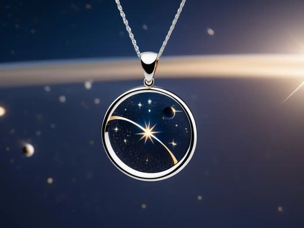 Evolución joyas espaciales: Colgante de plata futurista en el espacio, refleja estrellas y simboliza sofisticación y maravilla