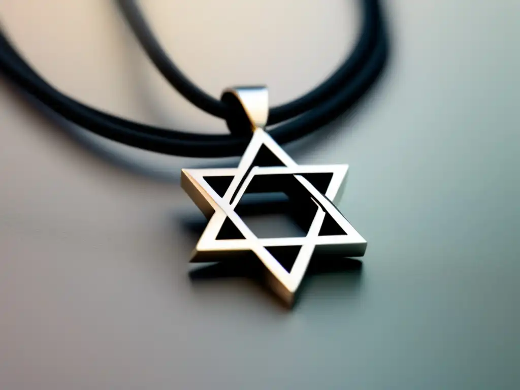 Influencia religiosa en joyería judaica: colgante minimalista de plata con Estrella de David en cordón negro, diseño geométrico y acabado pulido