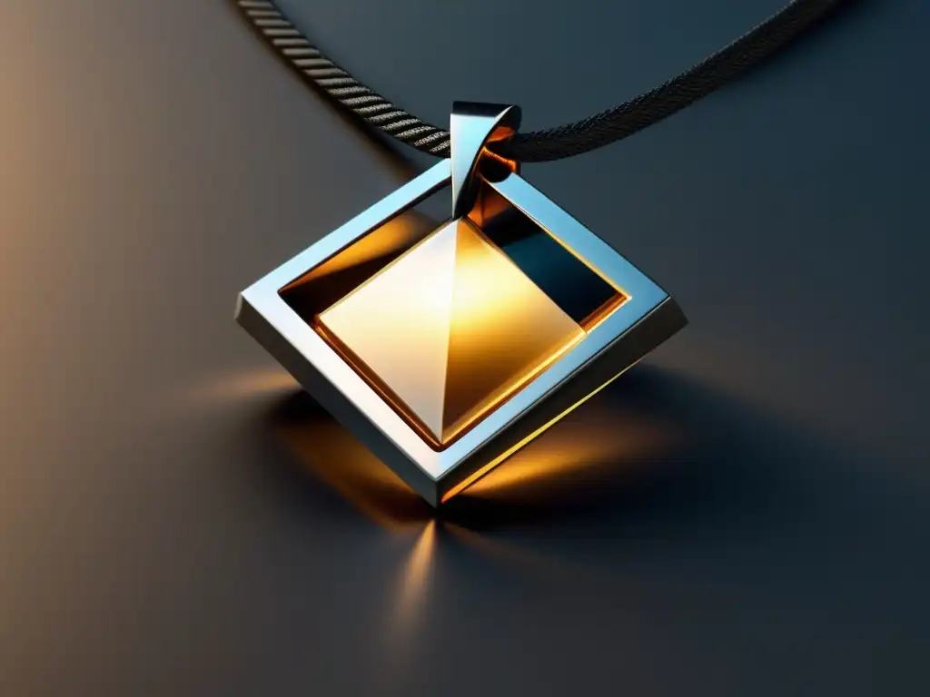 Innovaciones tecnológicas en joyería contemporánea, diseño minimalista y elegante con un colgante geométrico metálico iluminado