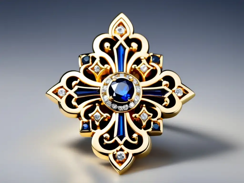 Joyería antigua: delicado colgante medieval con cruz de oro y gemas azules y diamantes