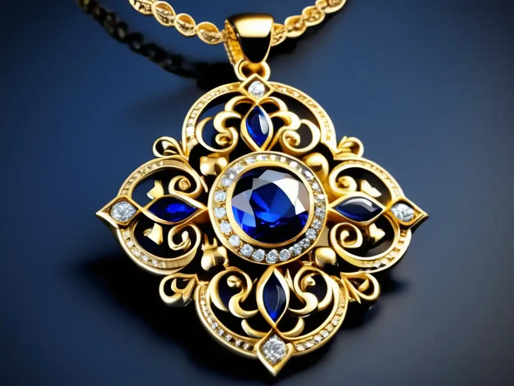 Joyas impactantes de la Edad Media: Detalle de un impresionante colgante medieval en oro con filigranas y una piedra preciosa azul