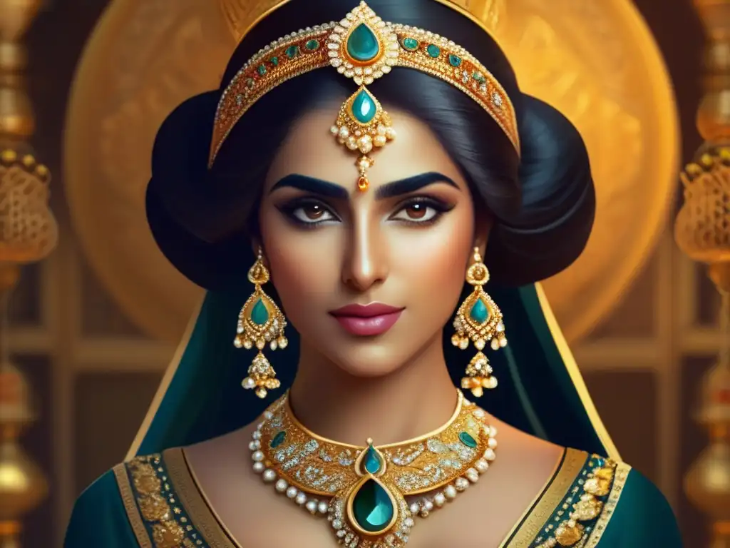 Mujer persa elegantemente adornada con joyería de oro en una imagen detallada de alta resolución