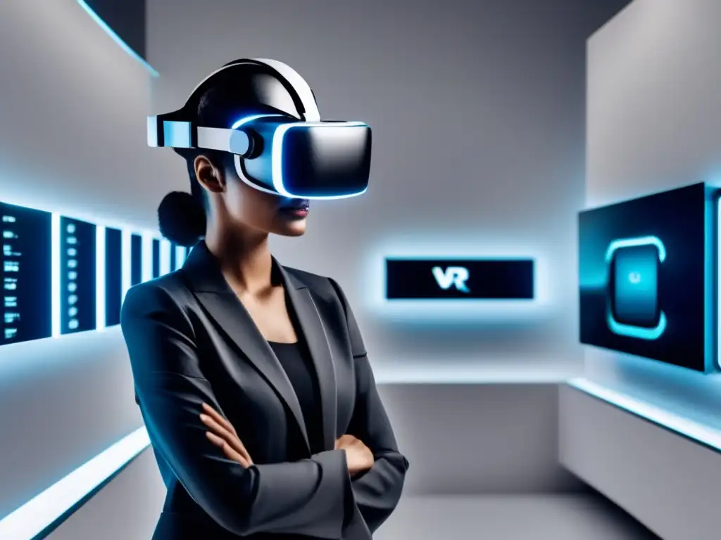 Persona inmersa en tienda virtual de joyería Rol VR en compra de joyas: persona en tienda virtual de joyas, con casco VR futurista, exhibiciones flotantes de joyas exquisiteces