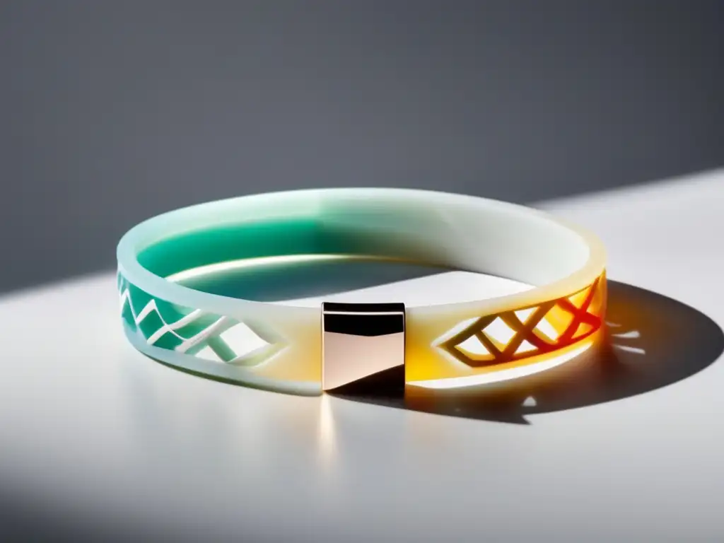 Beneficios silicona en joyería contemporánea: pulsera minimalista de silicona translúcida con patrones geométricos y detalles metálicos