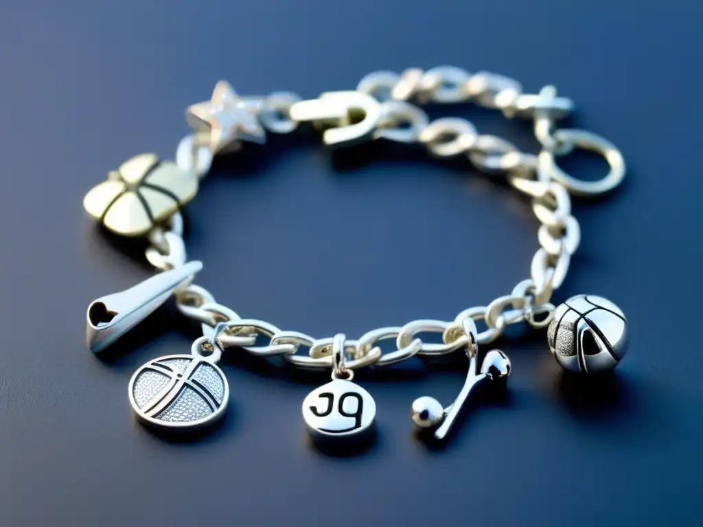 Pulsera deportiva plateada con charms temáticos de diversos deportes