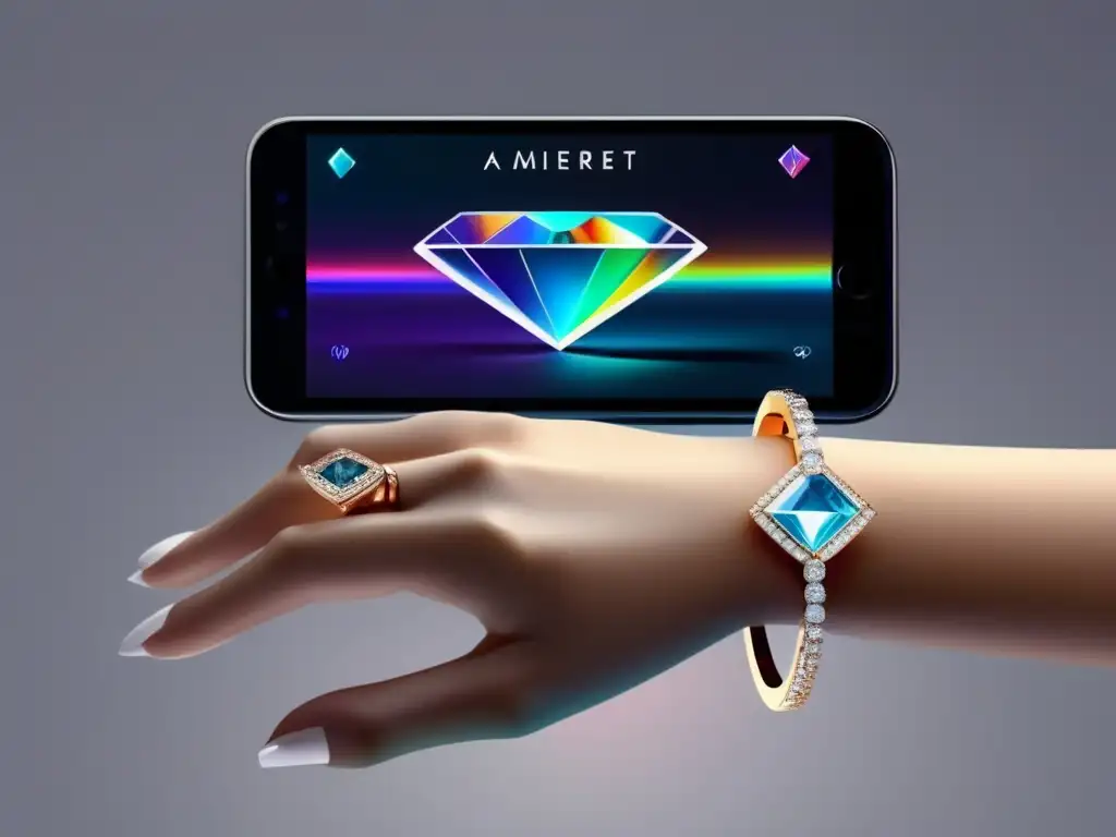 Innovaciones en joyería con Realidad Aumentada: mujer elegante muestra brazalete virtual de diamantes en mano