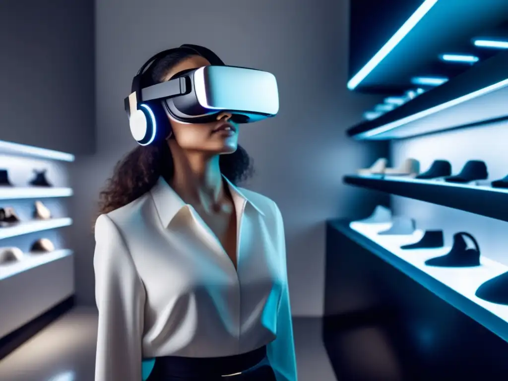 Innovaciones en la compra de joyas con realidad virtual: mujer inmersa en una tienda virtual futurista, ambientes luminosos y joyas flotantes