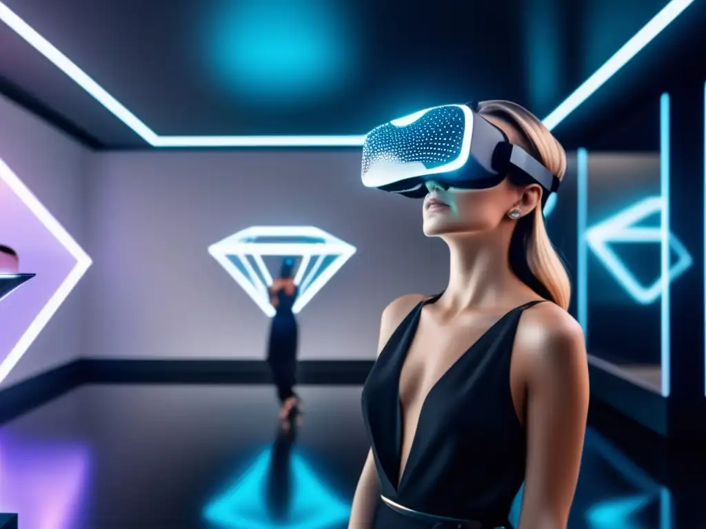 Innovaciones en joyería con realidad aumentada, mujer usando auriculares de realidad virtual y admirando un collar de diamantes holográfico