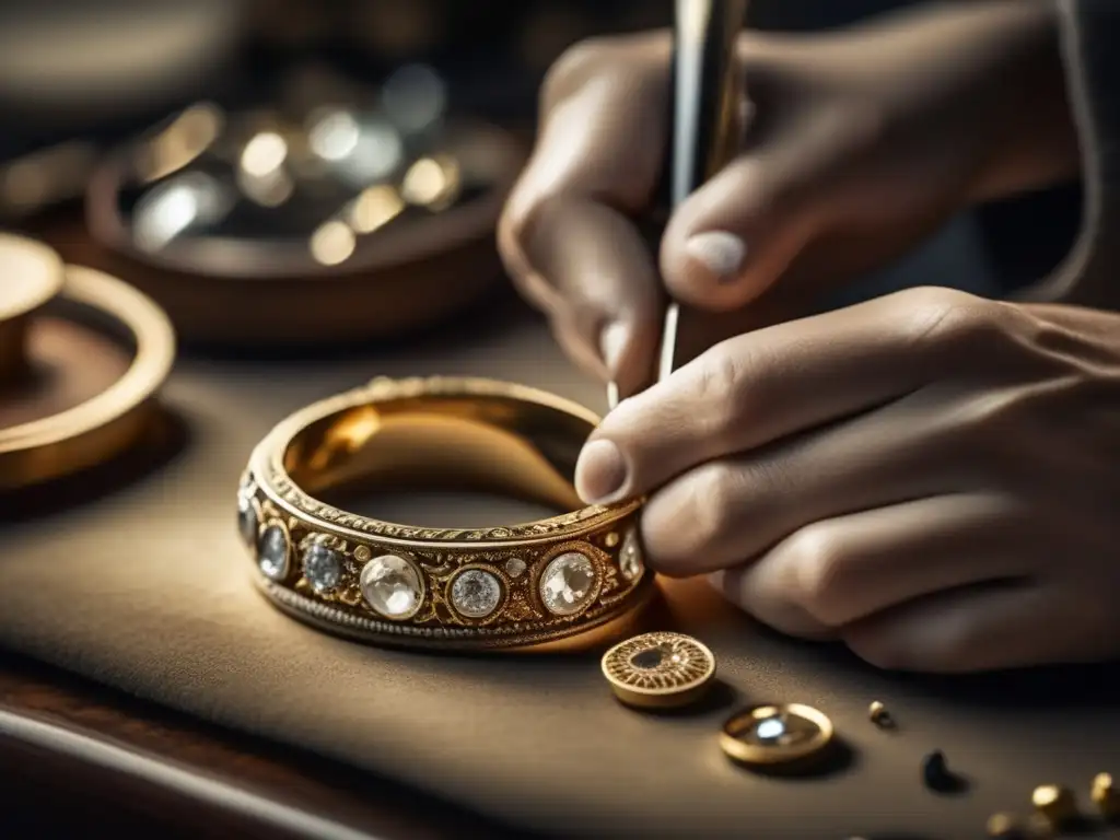 Proceso restauración joyas antiguas: manos hábiles trabajando delicadamente en pieza desgastada, precisión y expertise en imagen minimalista y moderna