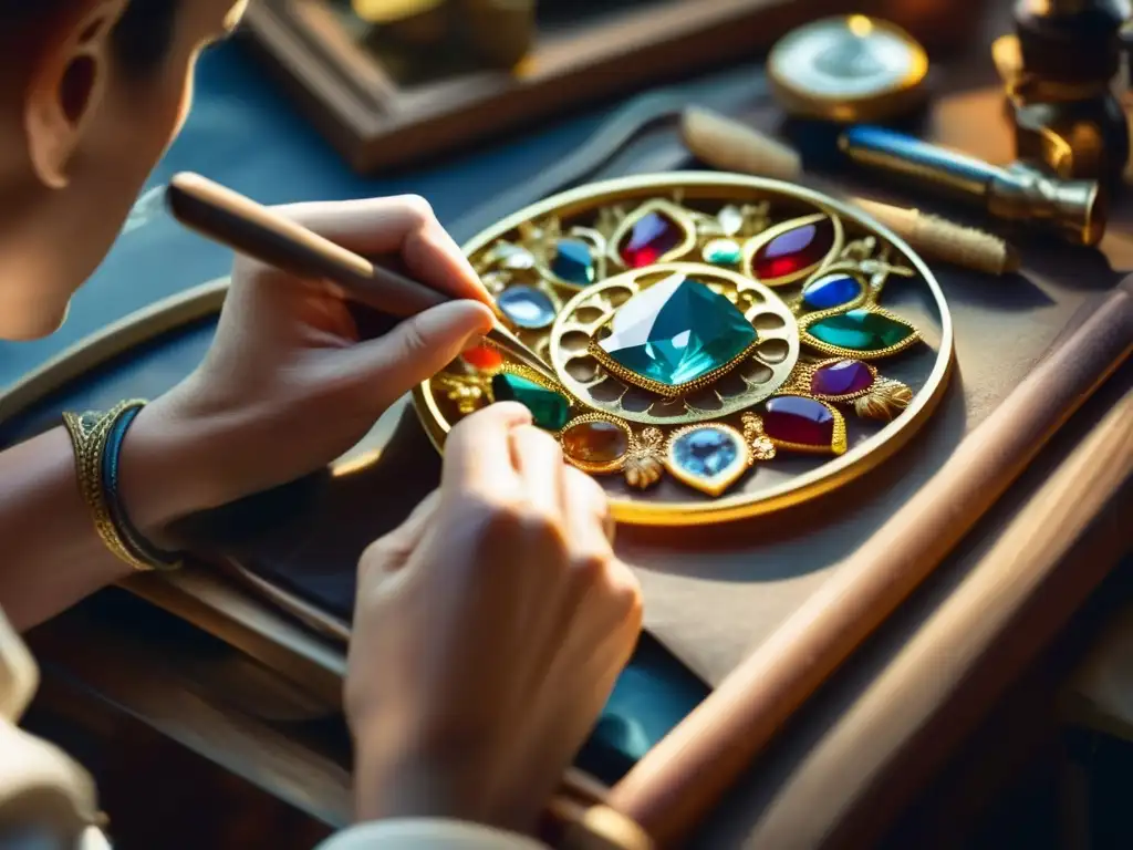 Proceso de restauración joyas antiguas: hábil artesano restaurando delicadamente una joya antigua, con herramientas y gemas preciosas