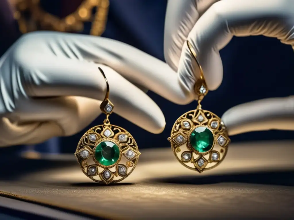 Restauración detallada de aretes antiguos Técnicas restauración joyas antiguas, detalle exquisito de joyero restaurando elegantes aretes