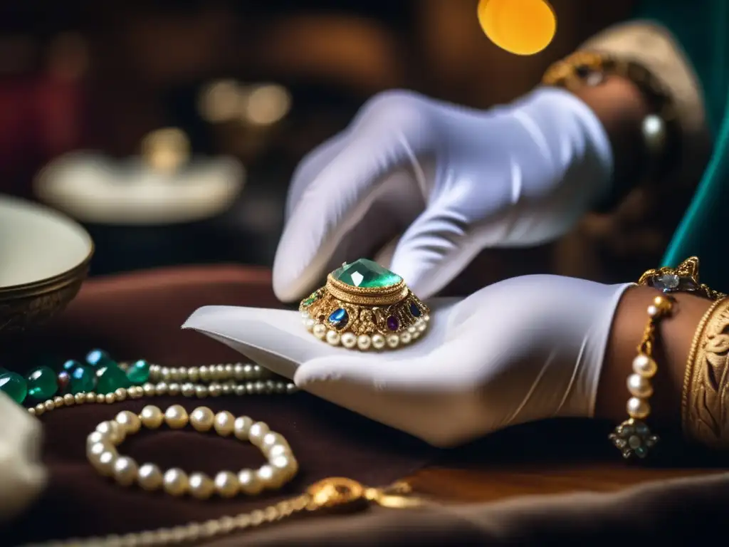 Técnicas de restauración joyería antigua, artesano limpiando y puliendo con delicadeza una hermosa pieza vintage con gemas y perlas