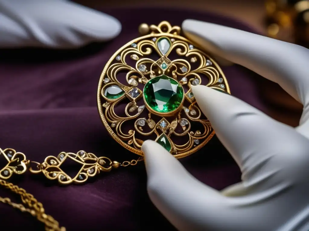 Técnicas restauración joyería antigua: imagen 8k detallada de restauración cuidadosa de collar antiguo por joyero habilidoso