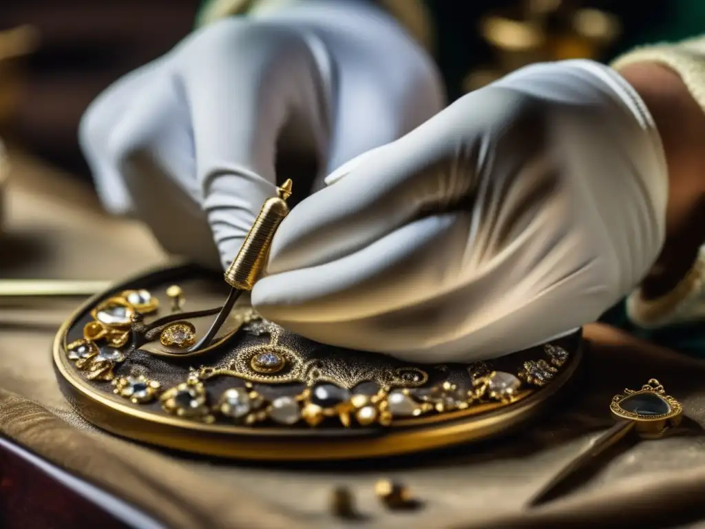 Técnicas restauración joyas antiguas: hábil artesano restaura delicado collar vintage, revelando detalles y uso herramientas precisas