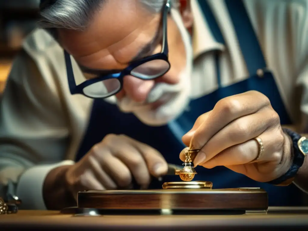 Proceso restauración joyas antiguas: Joyero experto restaurando con precisión una joya antigua, con herramientas ordenadas y luz natural