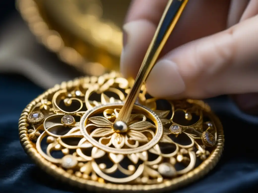Restauración joyas antiguas: artesano aplica hoja oro a delicados pendientes