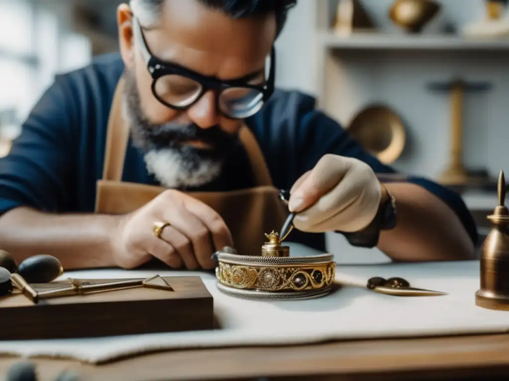 Cuidado y conservación de joyas antiguas: Restaurador experto cuidadosamente restaurando una pieza de joyería antigua