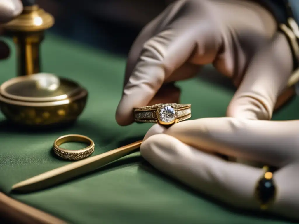 Restauración y conservación joyas antiguas: experto joyero restaurando con precisión y destreza una pieza antigua, resaltando su cuidado y dedicación