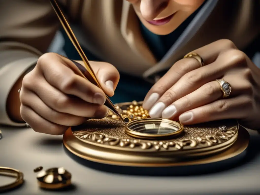 Restauración joyas antiguas: joyero experto restaurando con precisión una pieza, lentes de aumento y pincel en mano, fondo blanco